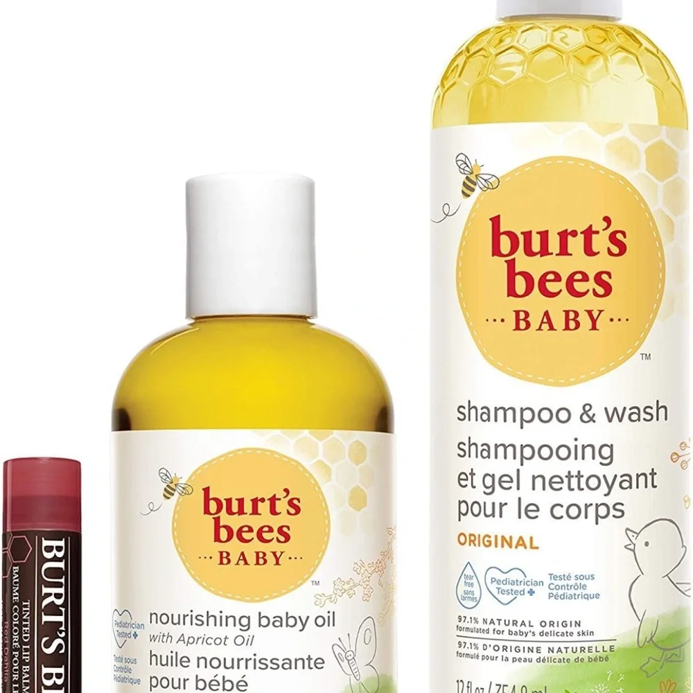 Burt's Bees Gift Set Baby Oil, Baby Shampoo and Wash, Red Dahlia Tinted Lip Balm